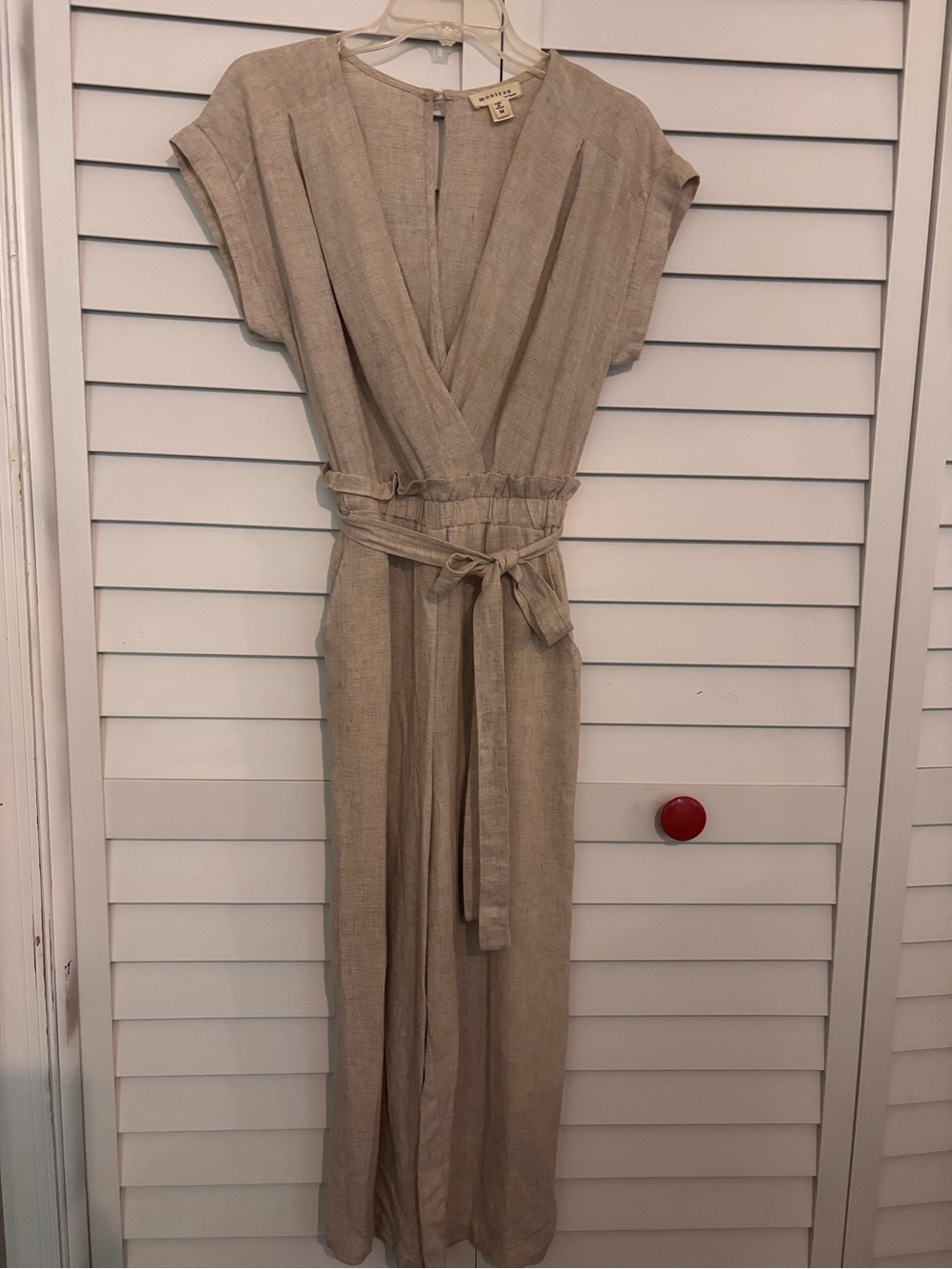Beige Linen Jumpsuit with Waist Tie by Monteau